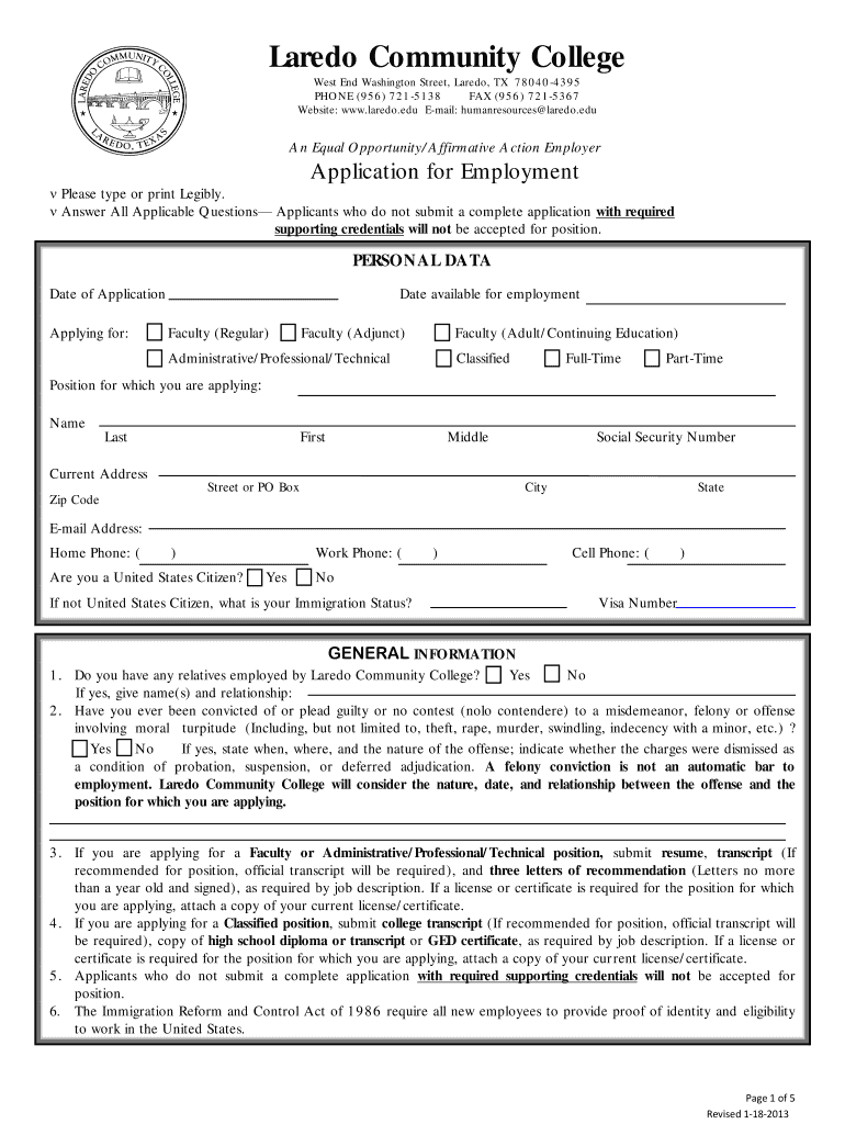 Job Application Laredo Community College Laredo  Form