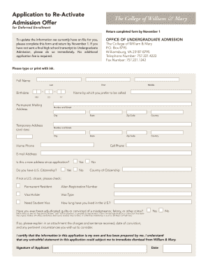 The College of William &amp; Mary Application to Re Activate Admission Wm  Form