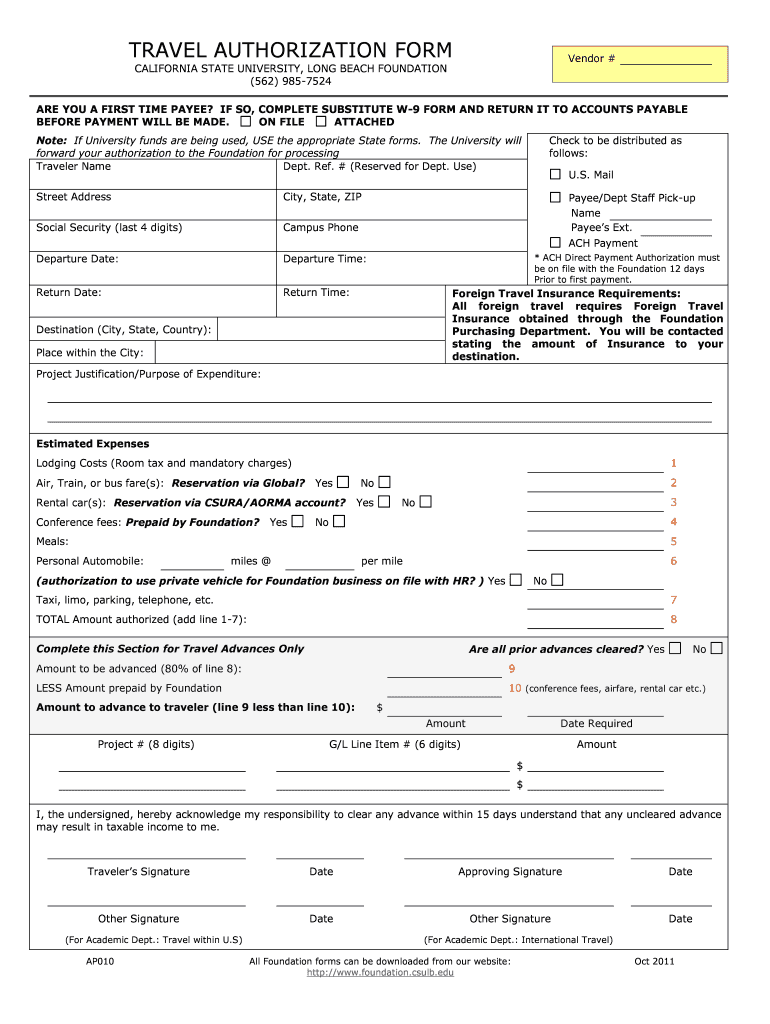 Travel Authorization Form CSULB Foundation California State Foundation Csulb