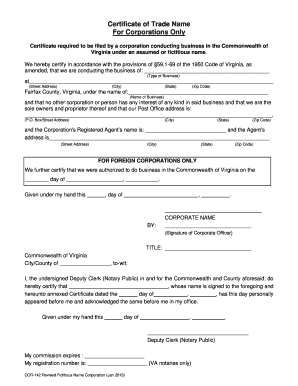 Certificate of Trade Name Virginia 142 Form