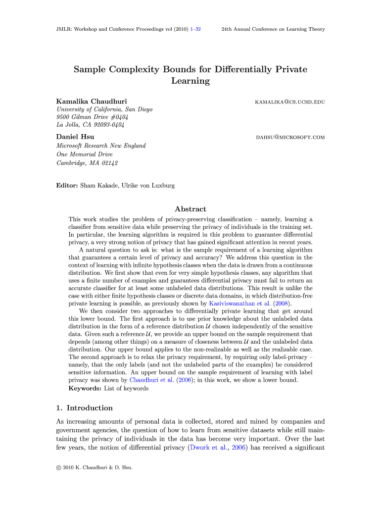 Sample Complexity Bounds for Differentially Private Learning Cseweb Ucsd  Form