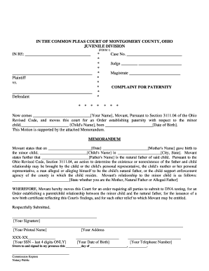 DIRECTIONS for a COMPLAINT for PATERNITY Mcjc Mcohio  Form