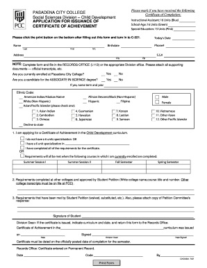 Child Development Pasadena City College Pasadena  Form