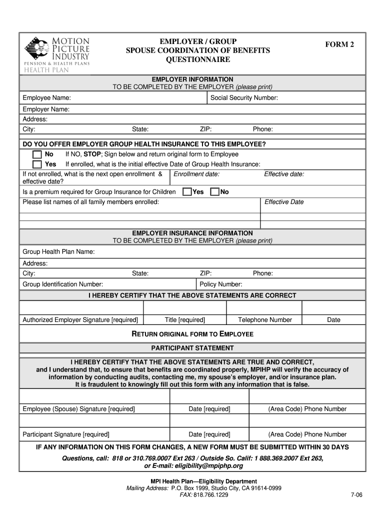  Mpiphp Coordination of Benefits  Form 2006