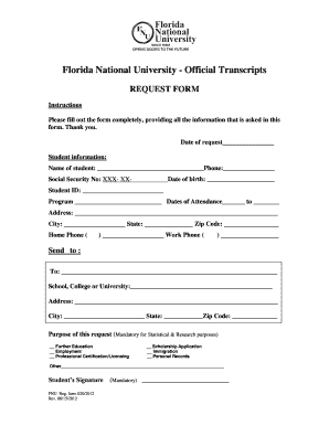  Florida National University Transcript Request 2012