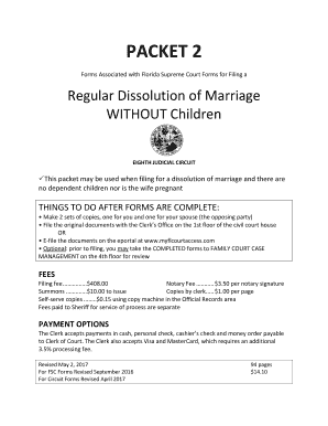 PACKET 2 Forms Associated with Florida Supreme Court Forms for Filing a Regular Dissolution of Marriage WITHOUT Children EIGHTH 