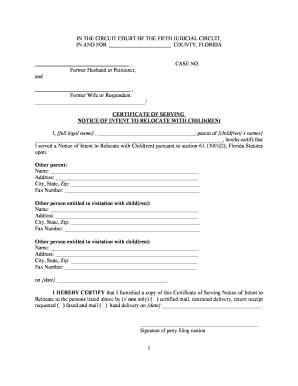 Notice of Intent to Relocate Florida  Form