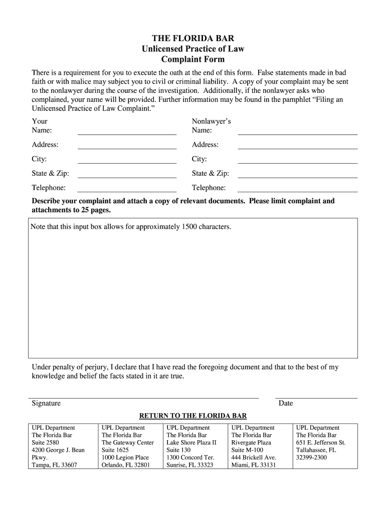 The Florida Bar Fillable Complaint Form