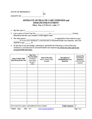 Affidavit of Health Care Expenses Mn  Form