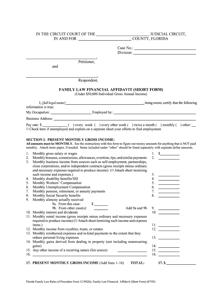 Family Law Financial Affidavit Short Form
