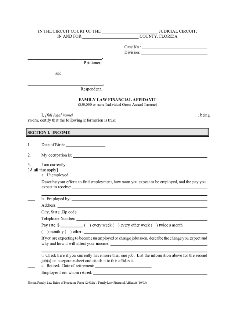 Get and Sign Florida Family Law Rules of Procedure Form 12902c Family Law Financial Affidavit 1003 2003