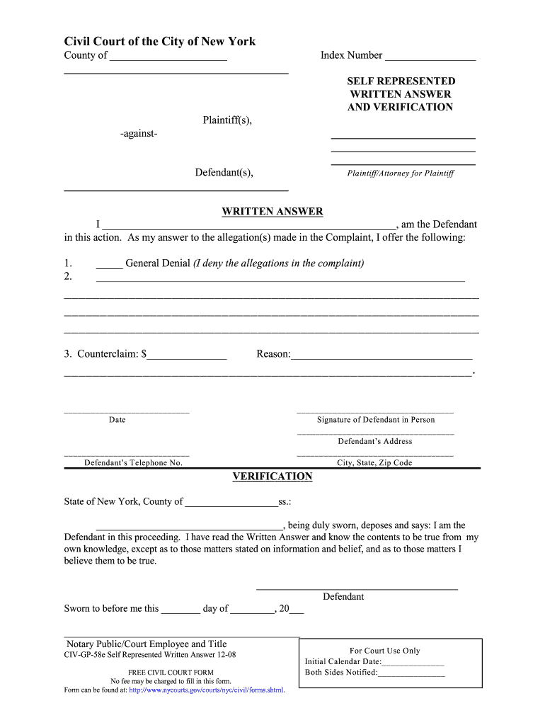 Self Represented Written Answer and Verification Form