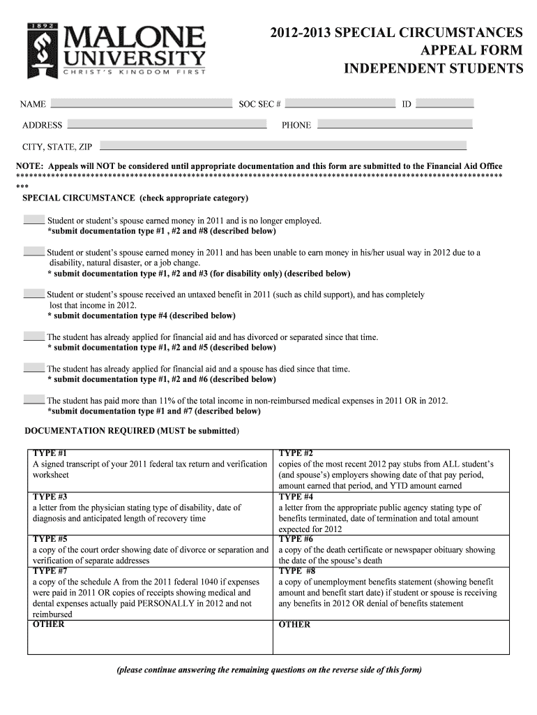 SPECIAL CIRCUMSTANCES APPEAL FORM INDEPENDENT STUDENTS Malone