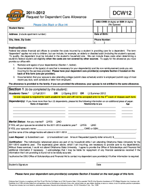 Request for Dependent Care Allowance Financial Aid Oklahoma Financialaid Okstate  Form