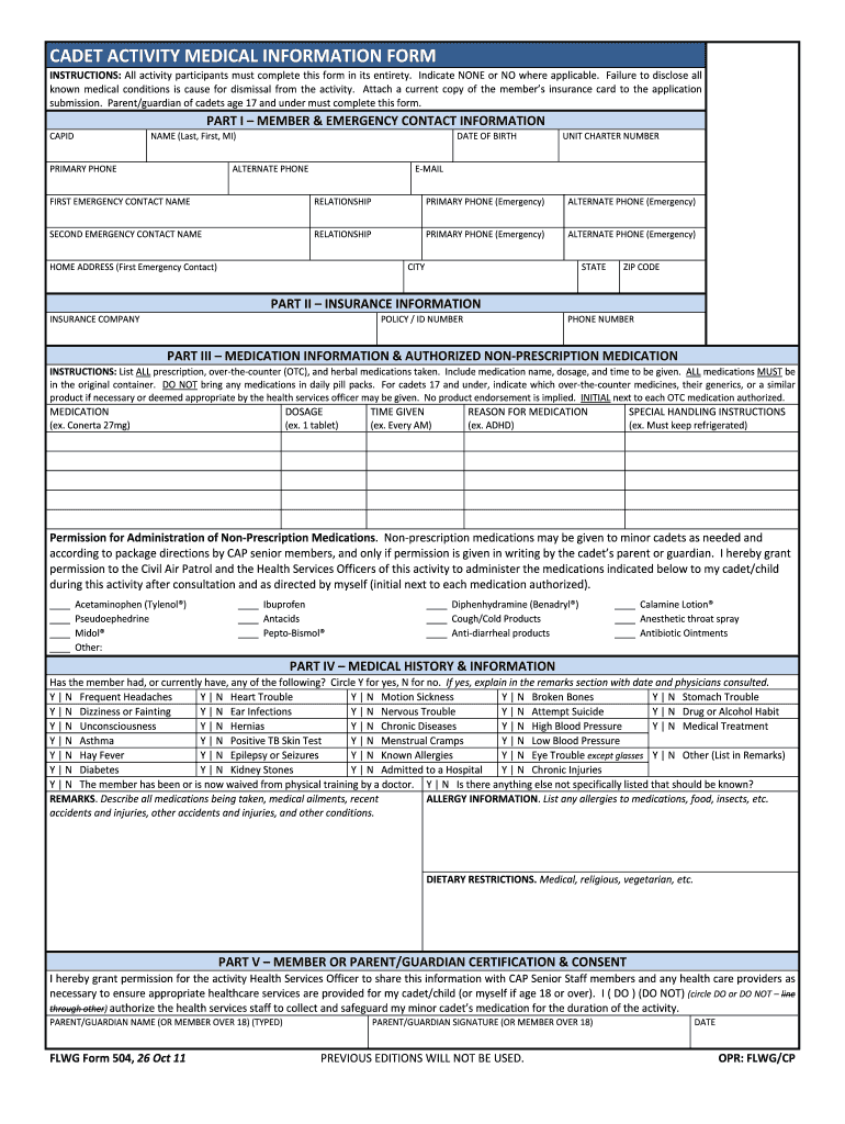 CADET ACTIVITY MEDICAL INFORMATION FORM