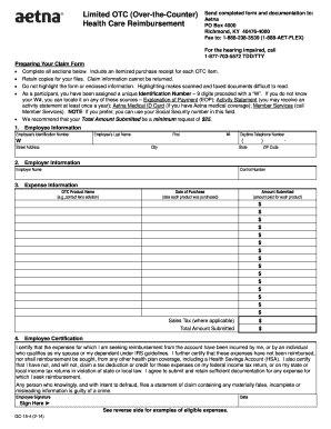 Limited OTC over the Counter Health Care Reimbursement Aetna  Form