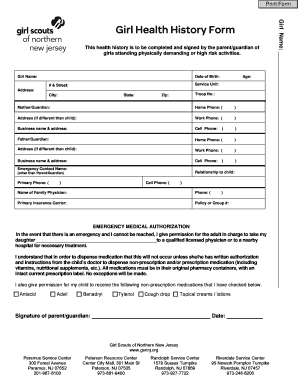 Girl Health History Form Gsnnj