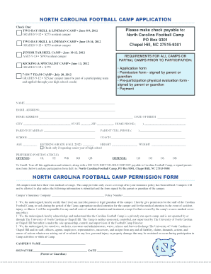 North Carolina FootBall CaMp Application University of North  Form