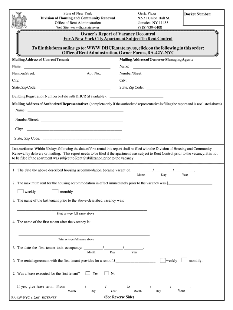 Owner Report Vacancy Decontrol  Form