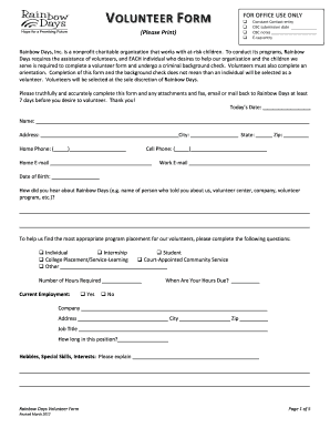 Volunteer Application Rainbow Days Rdikids  Form