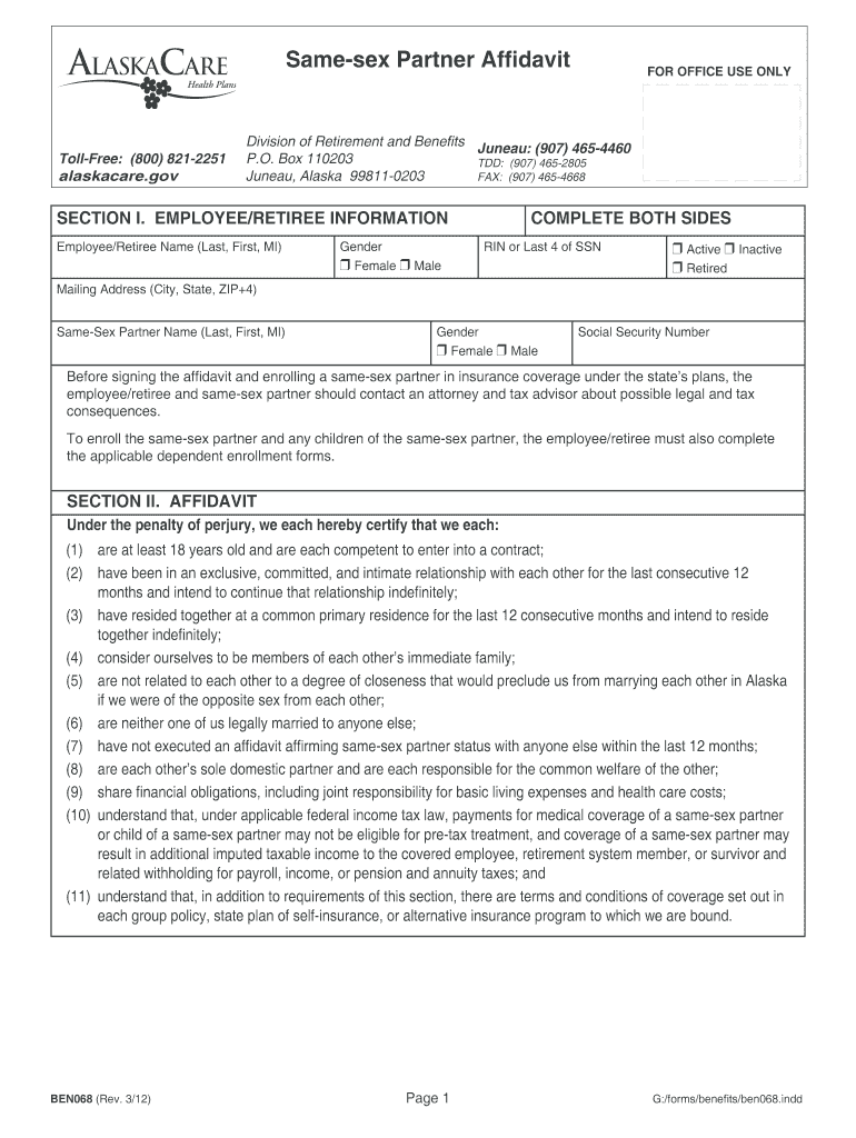 Same Sex Partner Affidavit Form Doa Alaska