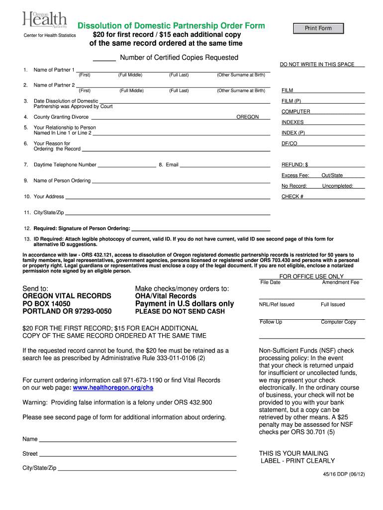 Dissolution of Domestic Partnership Order Form Public Health Oregon