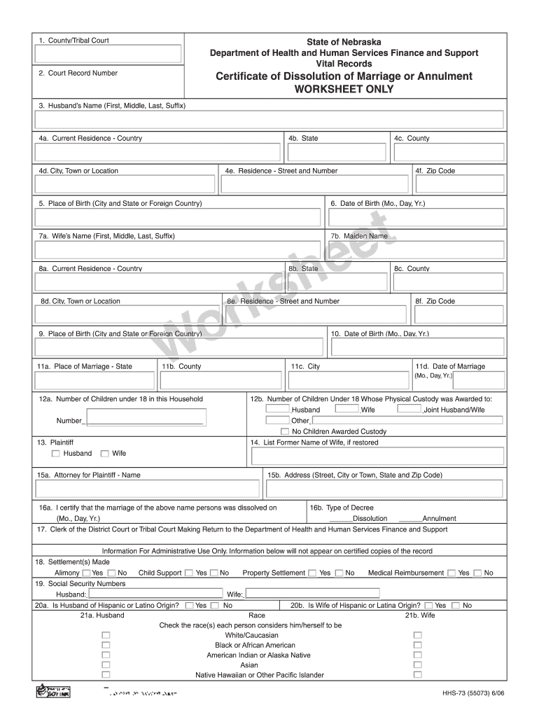 Nebraska Dissolution Worksheet  Form