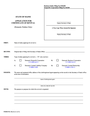 STATE of MAINE APPLICATION for CERTIFICATE of REVIVAL Maine  Form