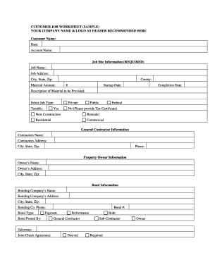 CUSTOMER JOB WORKSHEET SAMPLE YOUR COMPANY Wcacredit  Form