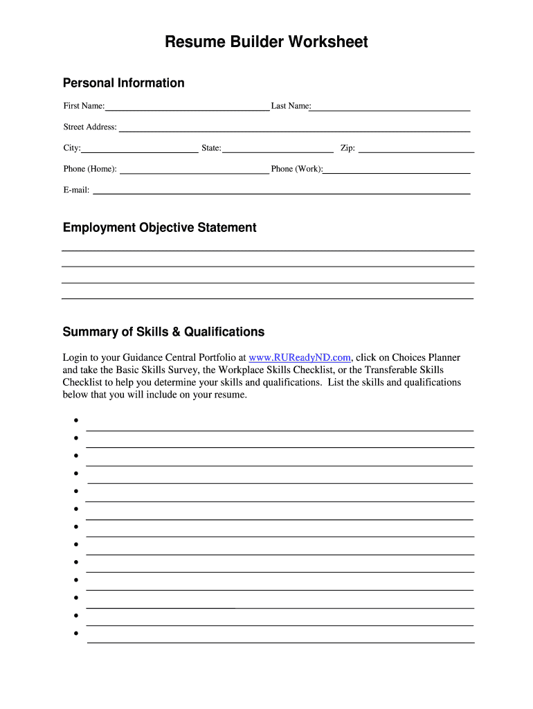 Resume Worksheet Printable  Form