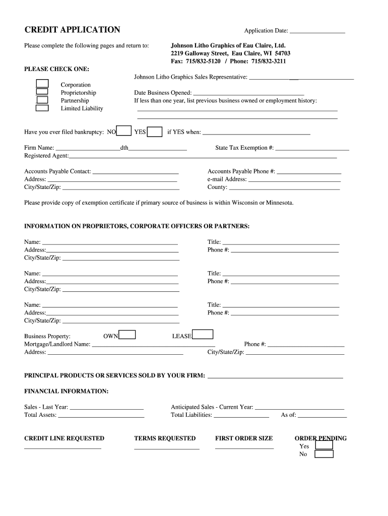 Credit Application Johnson Litho Graphics  Form