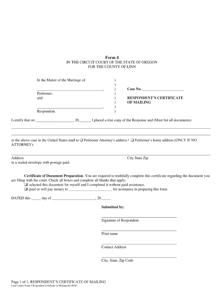 Certificate of Mailing to Child Support Oregon  Form