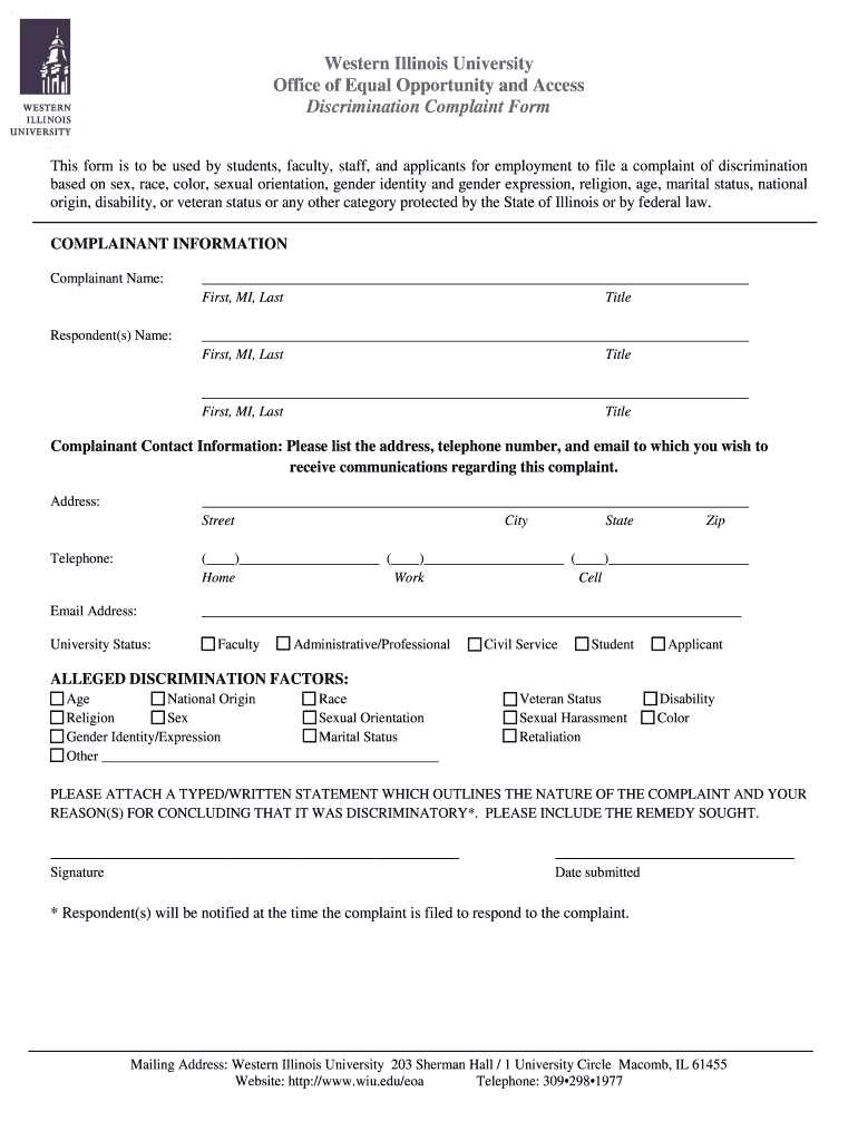 Discrimination Complaint Form Western Illinois University Wiu