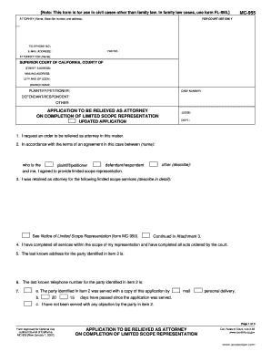 APPLICATION to BE RELIEVED as ATTORNEY on COMPLETION  Form