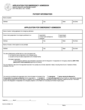 Application for Emergency Admission North Dakota Supreme Sfn Form