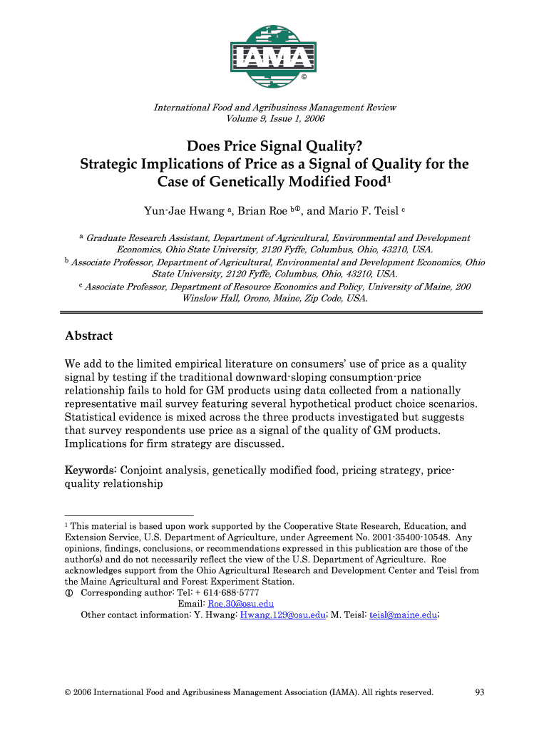 Does Price Signal Quality? Strategic Implications AgEcon Search Ageconsearch Umn  Form