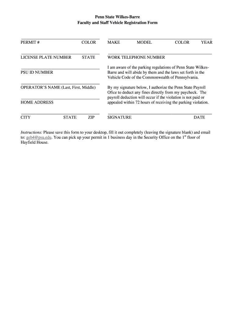 Faculty Staff Parking Form DOCX Wb Psu