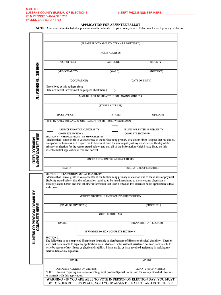 Luzerne County Absentee Ballot  Form