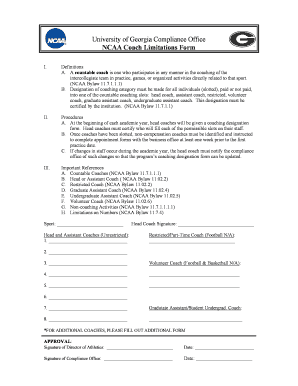 University of Georgia Compliance Office NCAA Coach Limitations  Form
