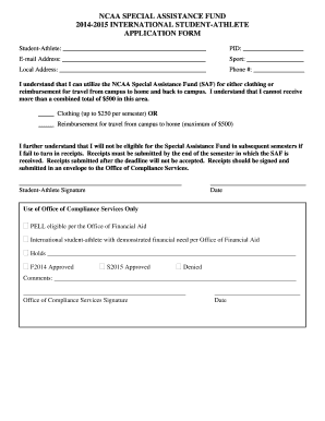 NCAA SPECIAL ASSISTANCE FUND INTERNATIONAL STUDENT ATHLETE APPLICATION FORM Student Athlete PID E Mail Address Sport Local Addre