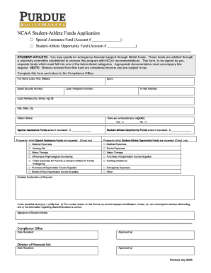 NCAA Student Athlete Funds Application Purdue  Form
