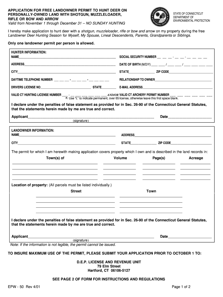 Get and Sign Ct Landowner Deer Permit 2001-2022 Form
