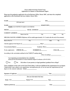 Texas A&amp;M University Central Texas Application for Masters or Ct Tamus  Form