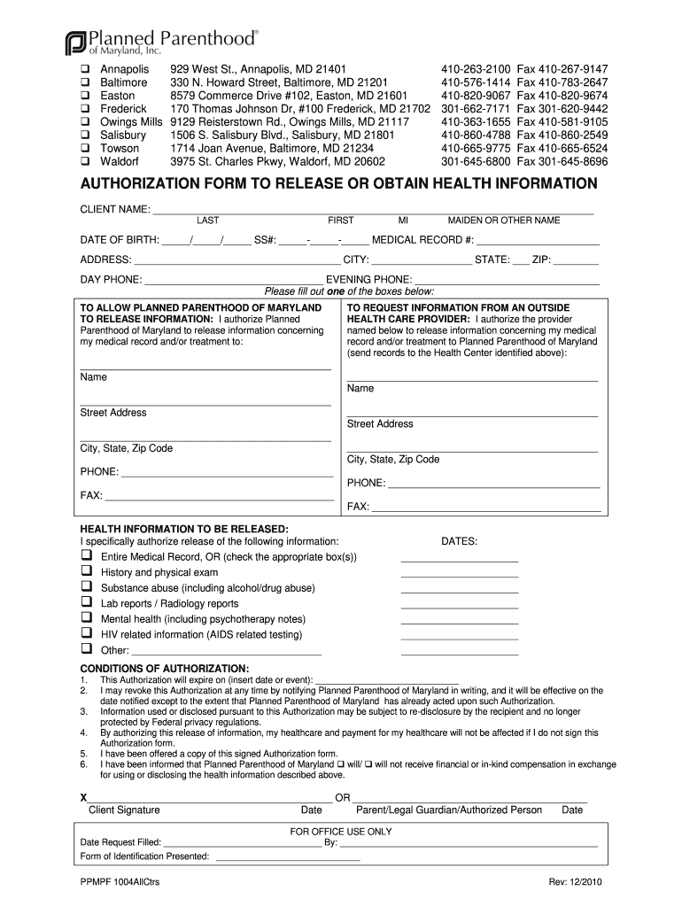  AUTHORIZATION FORM to RELEASE or    Planned Parenthood  Plannedparenthood 2010