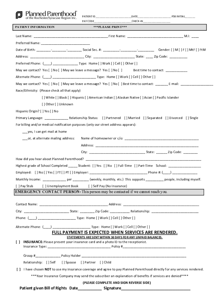 Planned Parenthood Pregnancy Test  Form