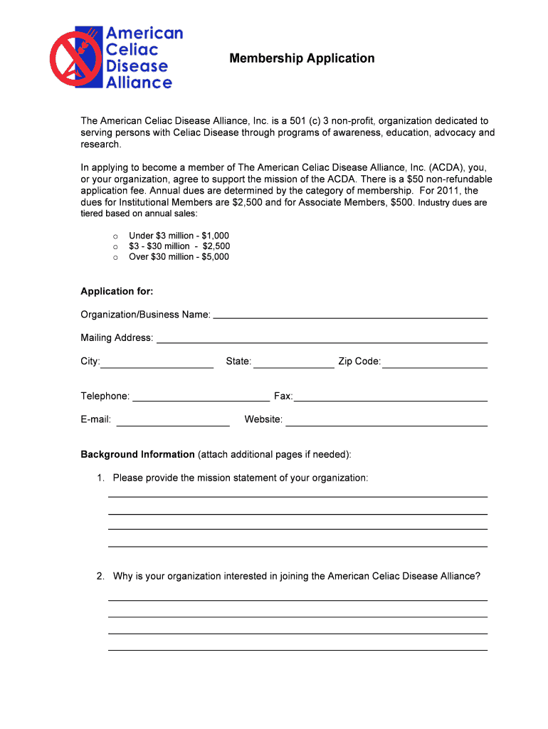 ACDA Membership Application American Celiac Disease Americanceliac  Form