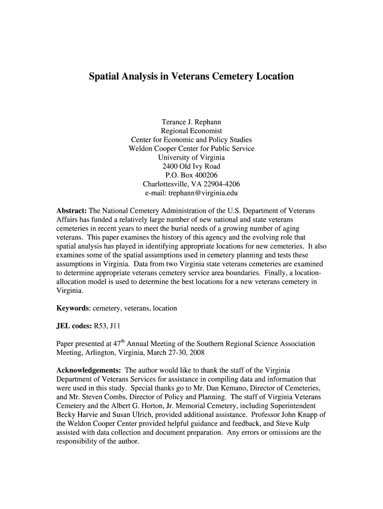 Spatial Analysis in Veterans Cemetery Location University of Virginia Econ Ccps Virginia  Form