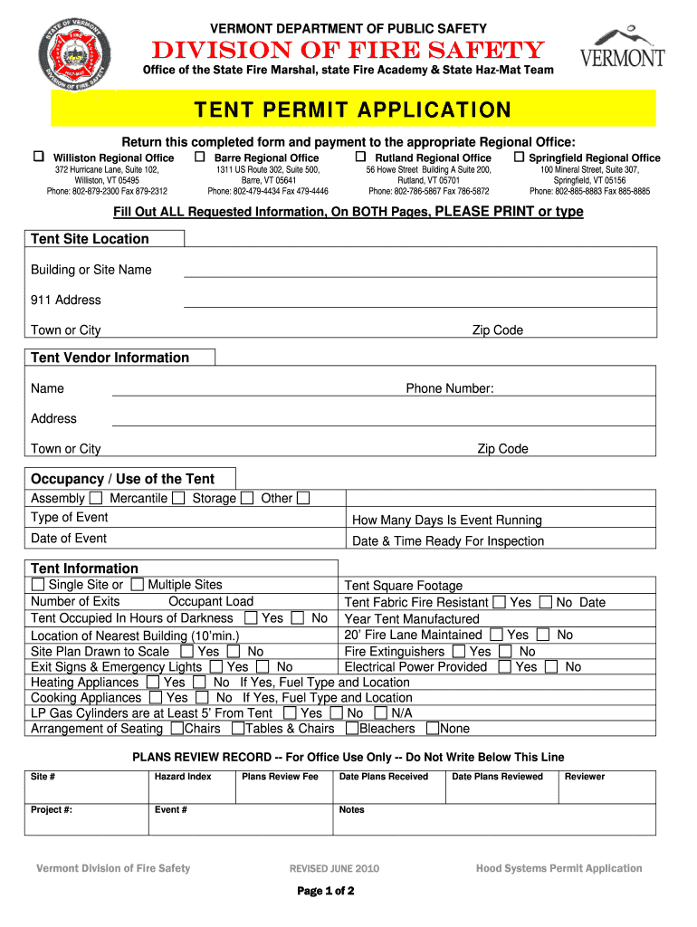 VERMONT DEPARTMENT of PUBLIC SAFETY Office of the State Fire Marshal, State Fire Academy &amp; State Haz Mat Team Firesafety Ver  Form