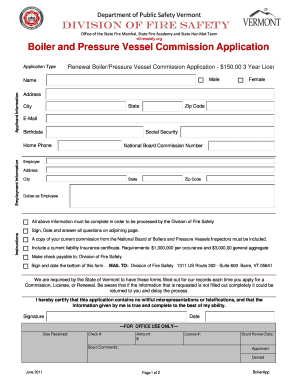 Boiler and Pressure Vessel Commission Application Firesafety Vermont  Form