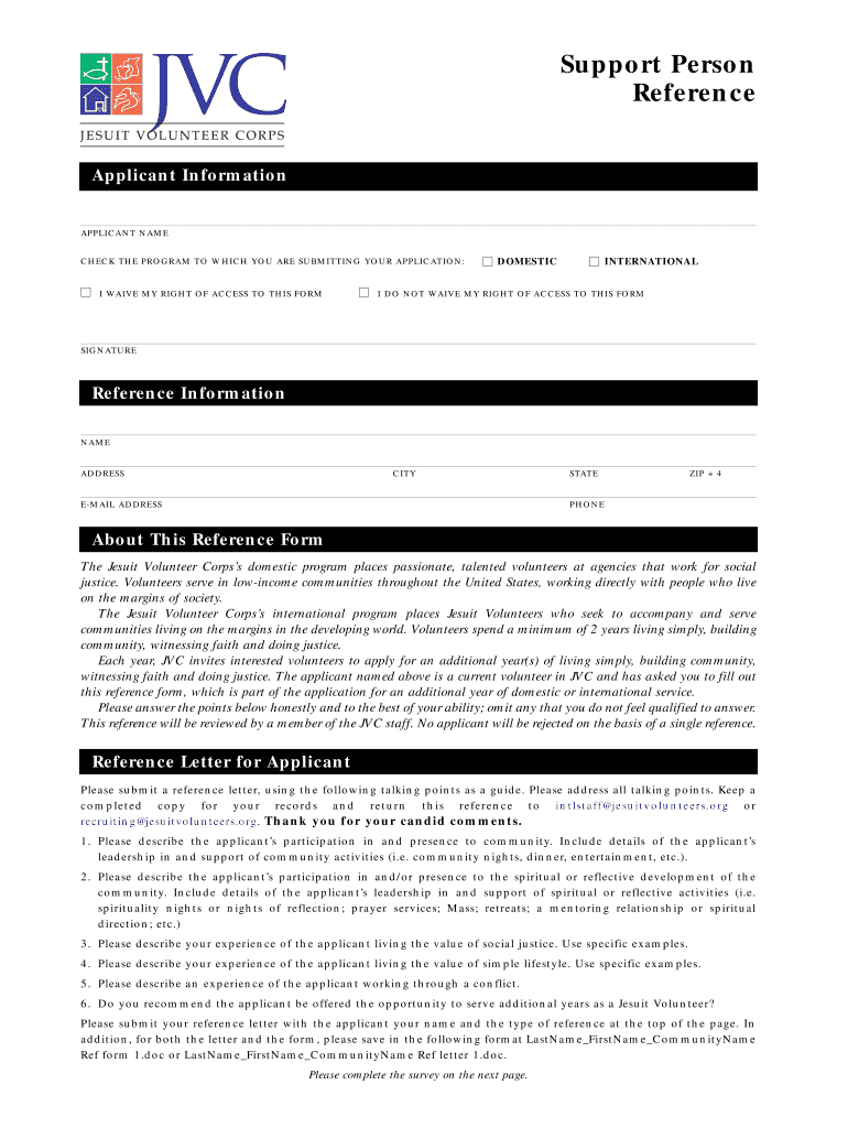 Support Person Reference Jesuitvolunteers  Form